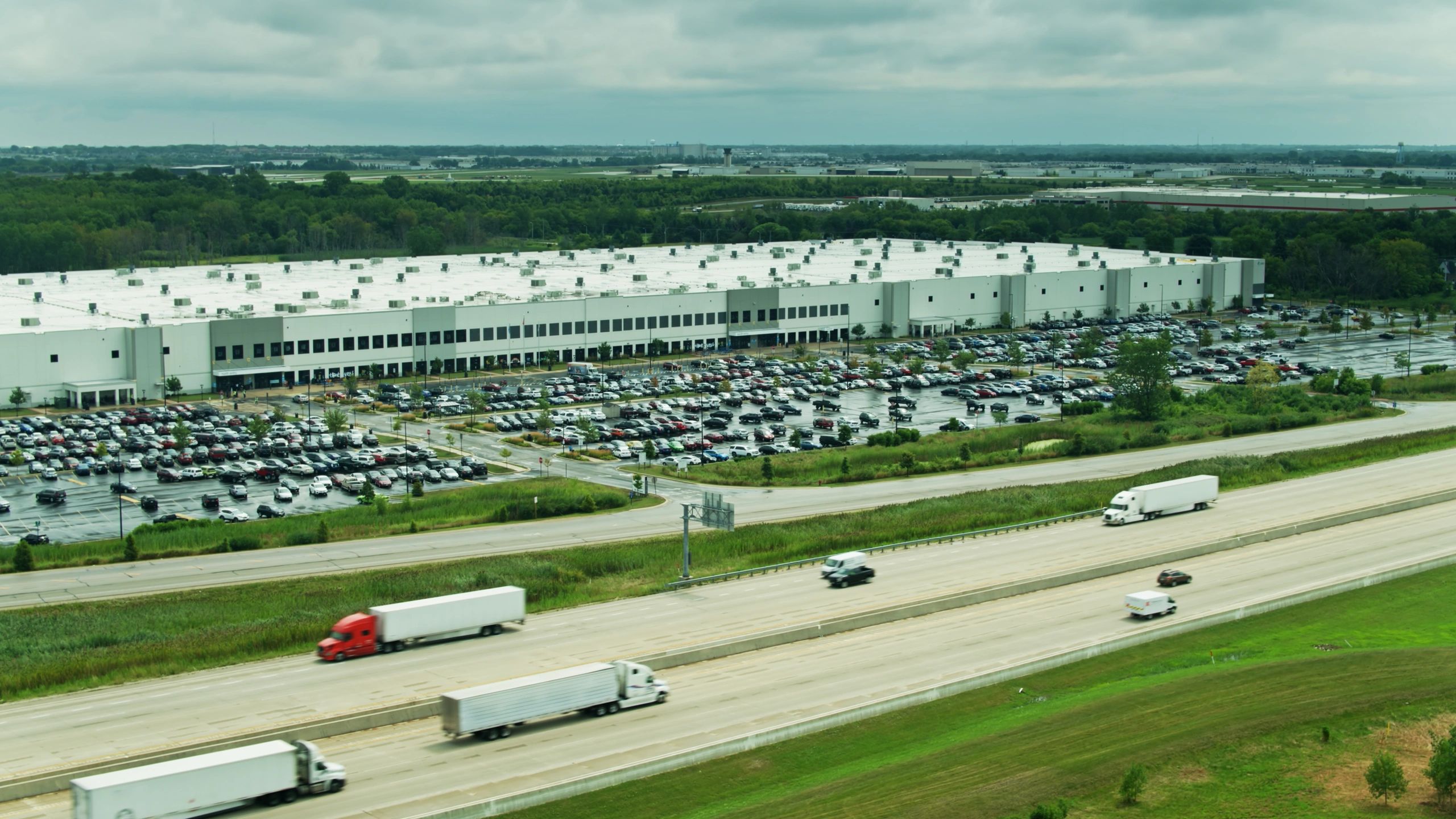 Aerial view of a trucking terminal yard and distribution center